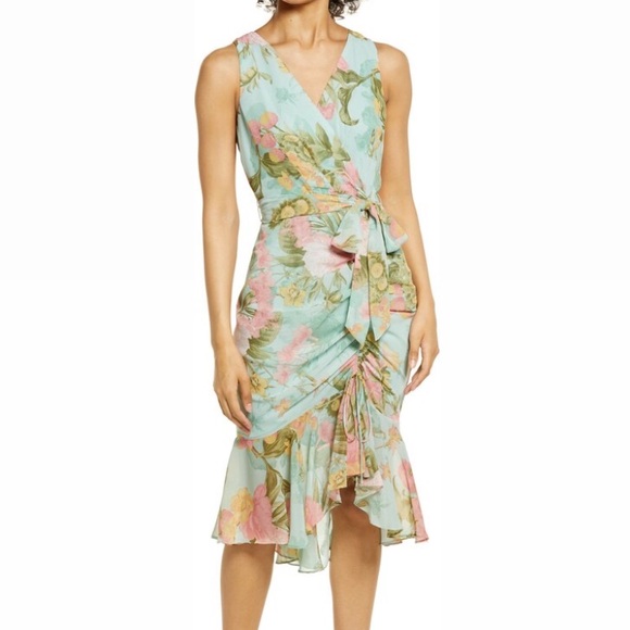 Eliza J Min Blue Pink Floral Sleeveless V-Neck Faux Wrap Front Ruffle Midi Dress - Picture 12 of 13